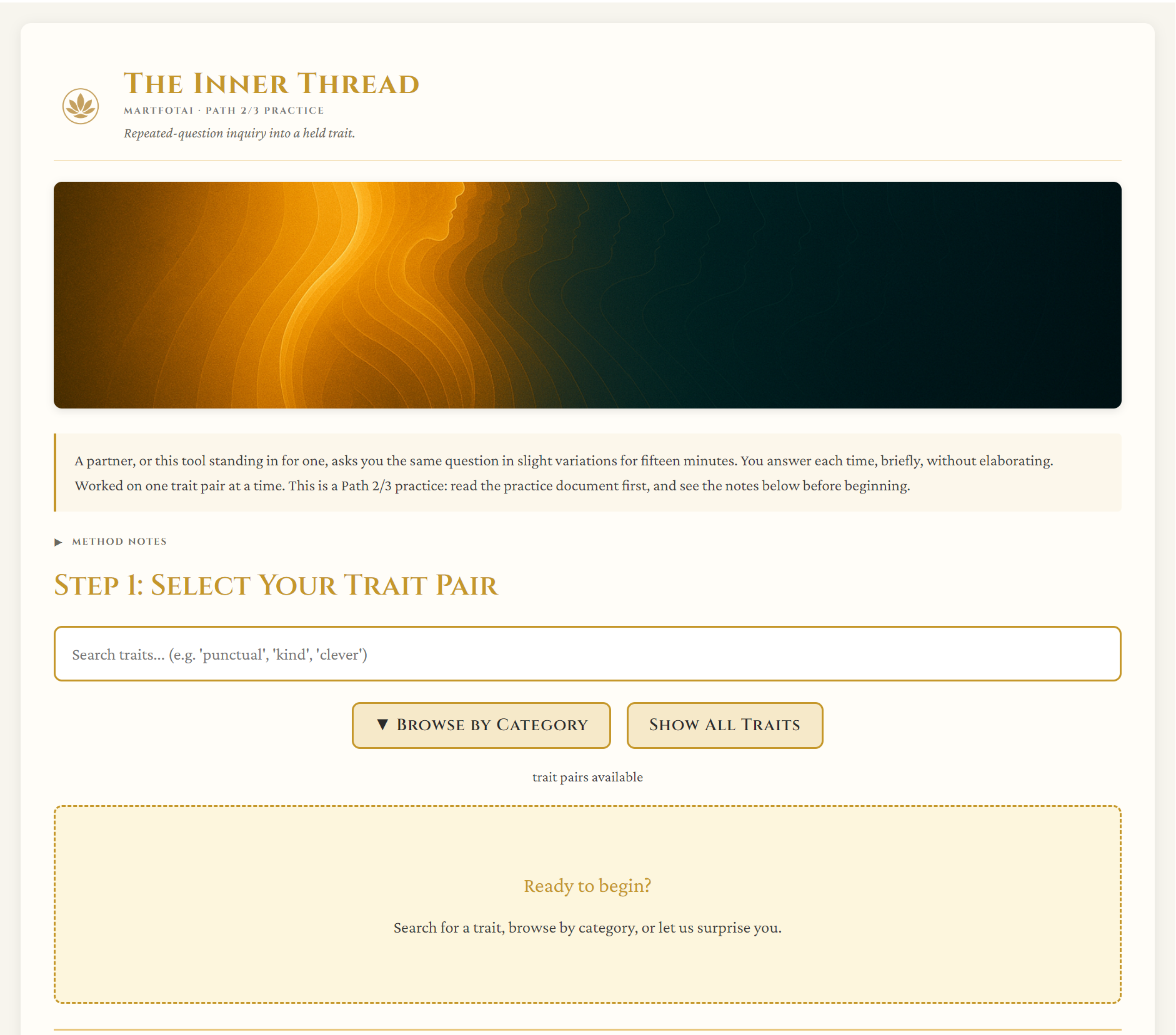 The Inner Thread tool interface, showing the trait pair search and category browser